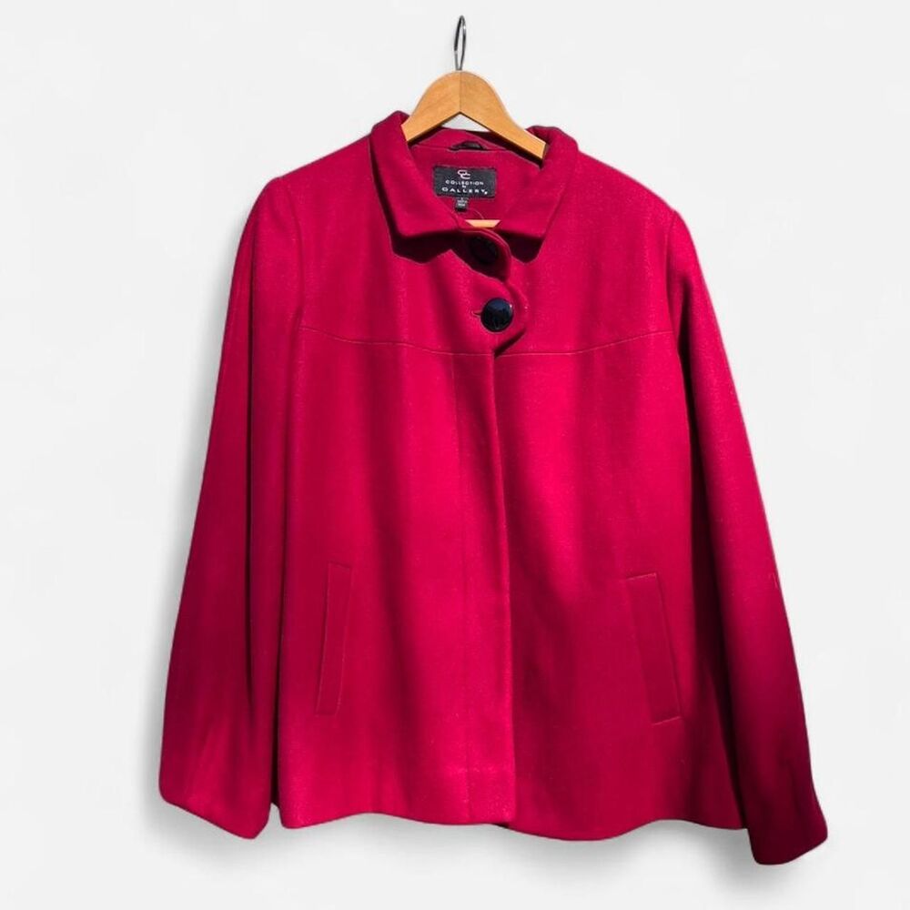 Red wool blend coat with black buttons. Size L